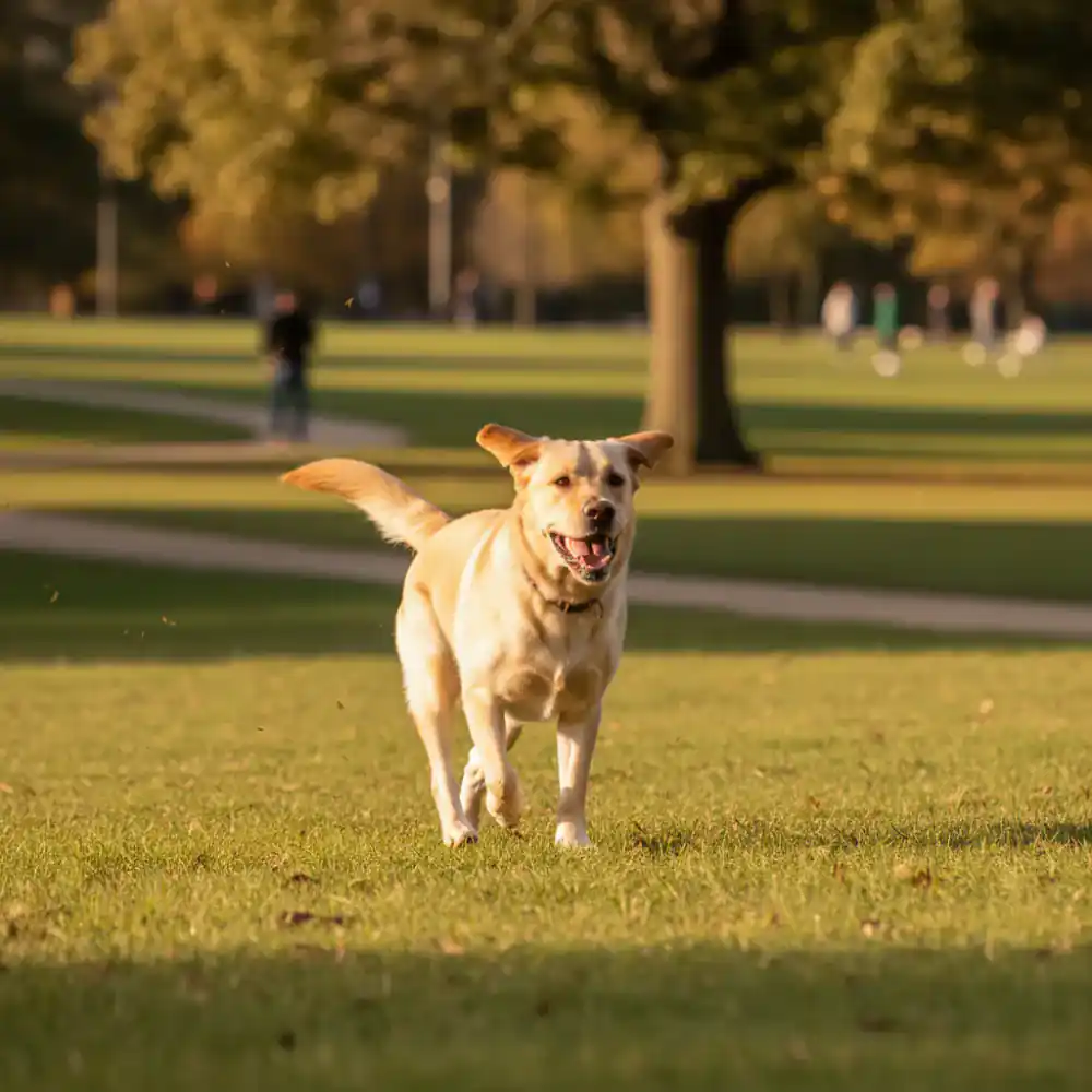Healthy Labrador running happily in a park