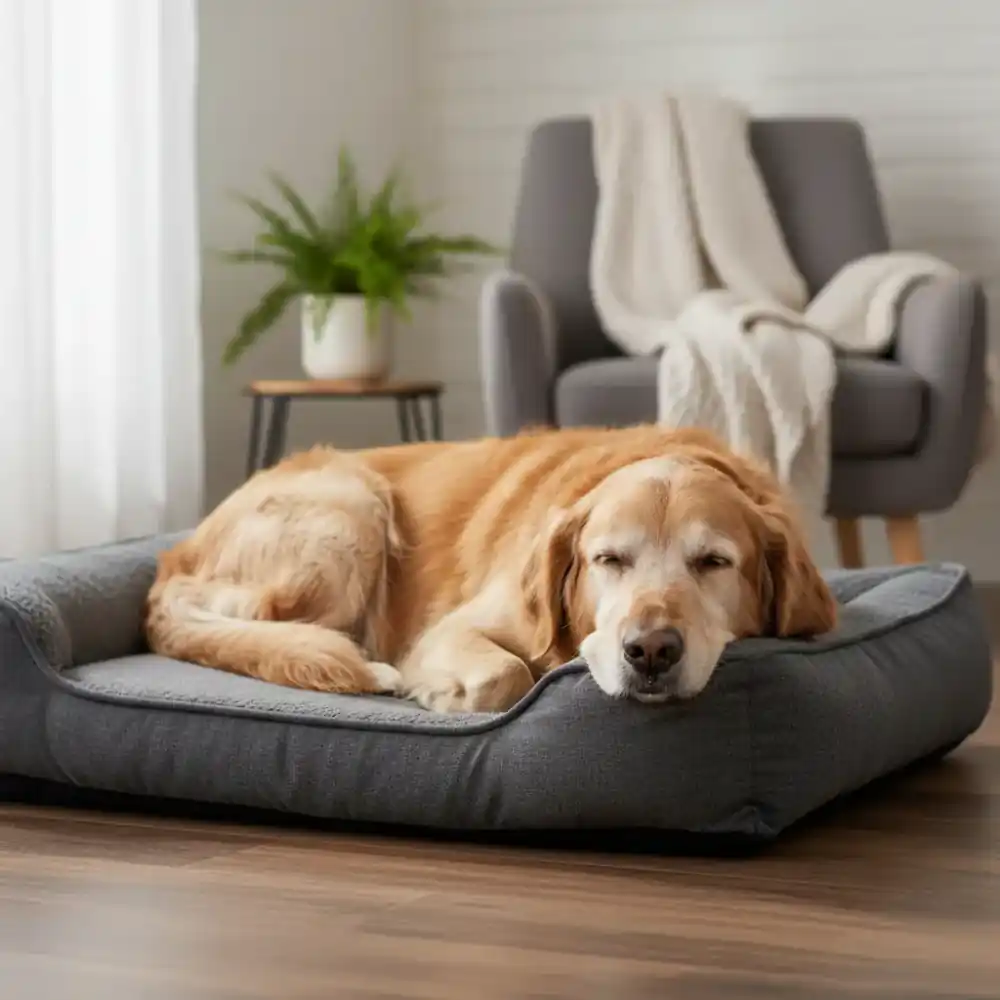 Senior dog resting on an orthopedic bed