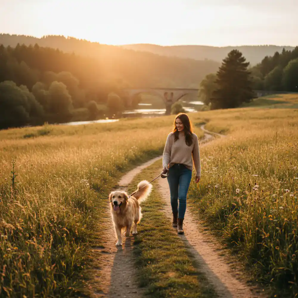 Owner and dog walking