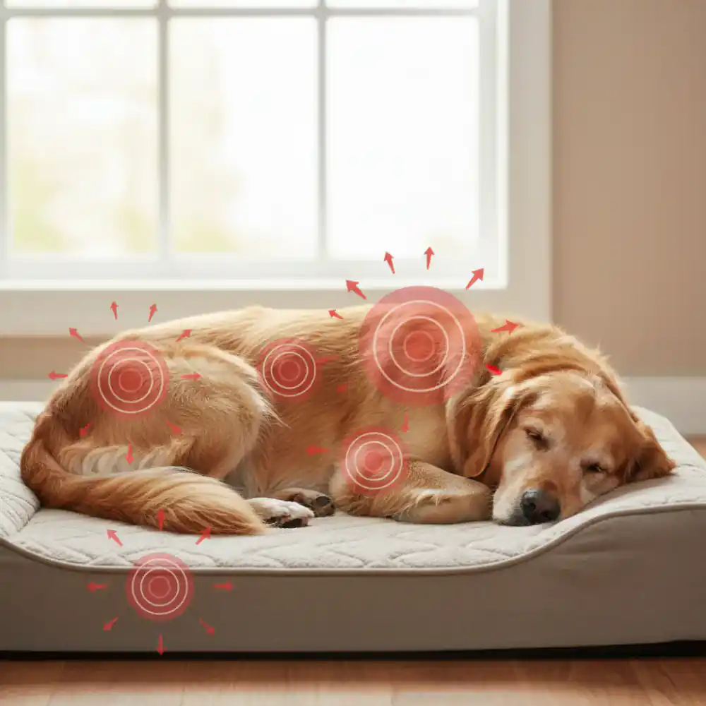 Diagram showing pressure relief points on a dog resting on an orthopedic bed