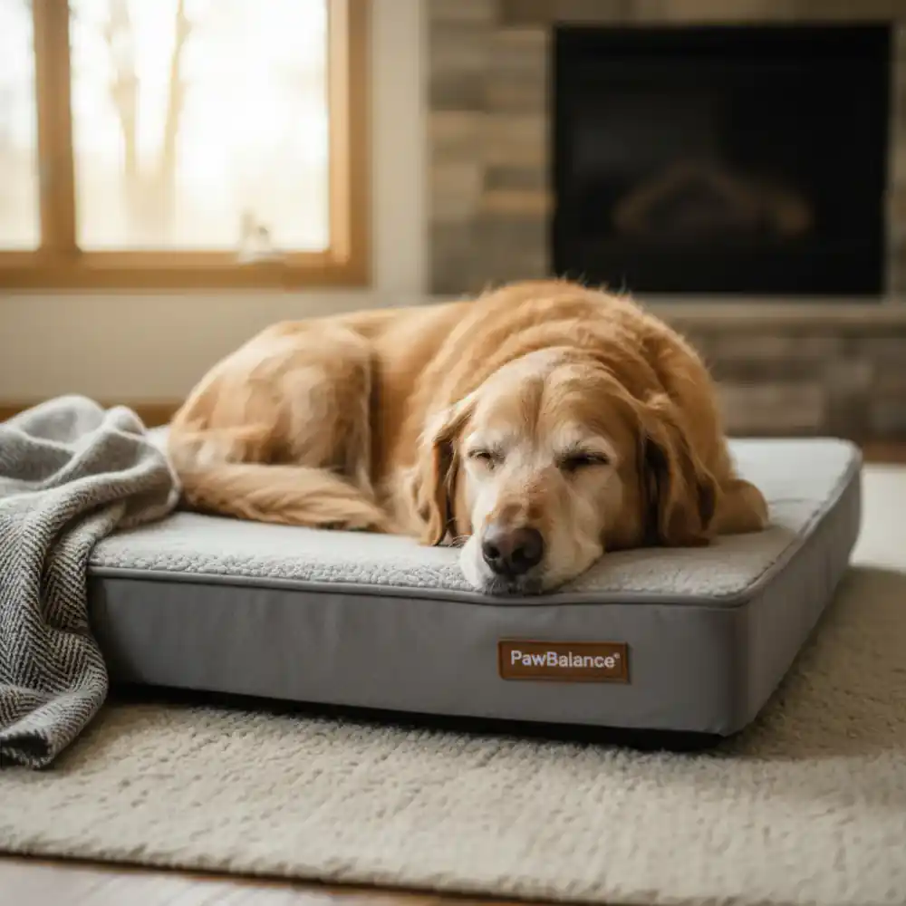 Senior dog resting comfortably on a plush orthopedic pet bed