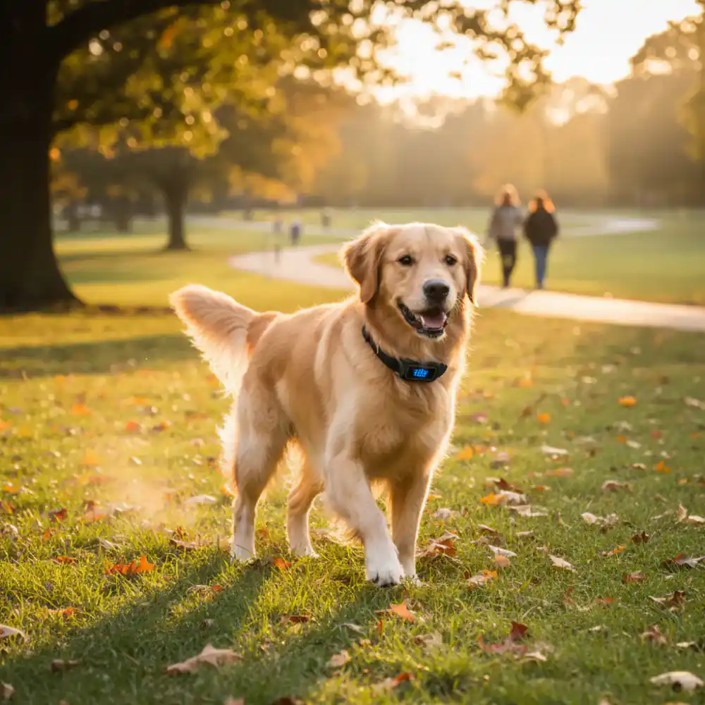 Dog running in a park wearing a smart activity tracker collar